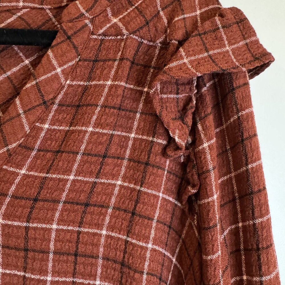 Torrid Brown Plaid Long-Sleeve Ruffle Blouse 1xl Crinkle Gauze Style EUC - Picture 3 of 9